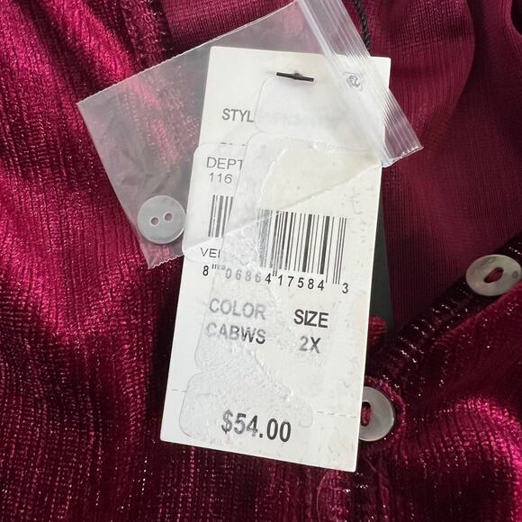 Intro Woman Plus Velvet Popover Tunic Top 2X Burgundy Metallic Long Sleeve - Picture 10 of 10